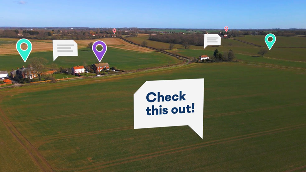 Aerial view of a field with product specific graphics overlaid
